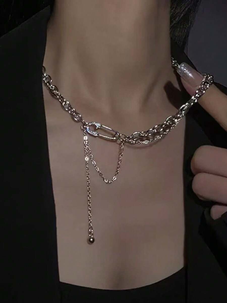 1件极简主义不锈钢安全别针吊坠项链，欧美风格 - 銀色 - 查看 1