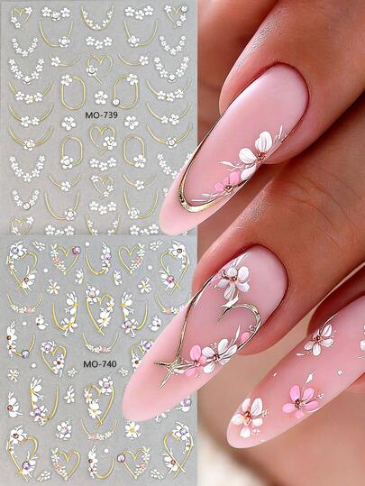 2Pcs 3D Hot Stamped French Floral Nail Stickers, Gold And Silver French Heart And Floral Petal Design, Y2K Glamour Nail Decoration, Self-Adhesive Nail Stickers, Suitable For Women And Girls' Nail Decorations, DIY Nail Salon Supplies