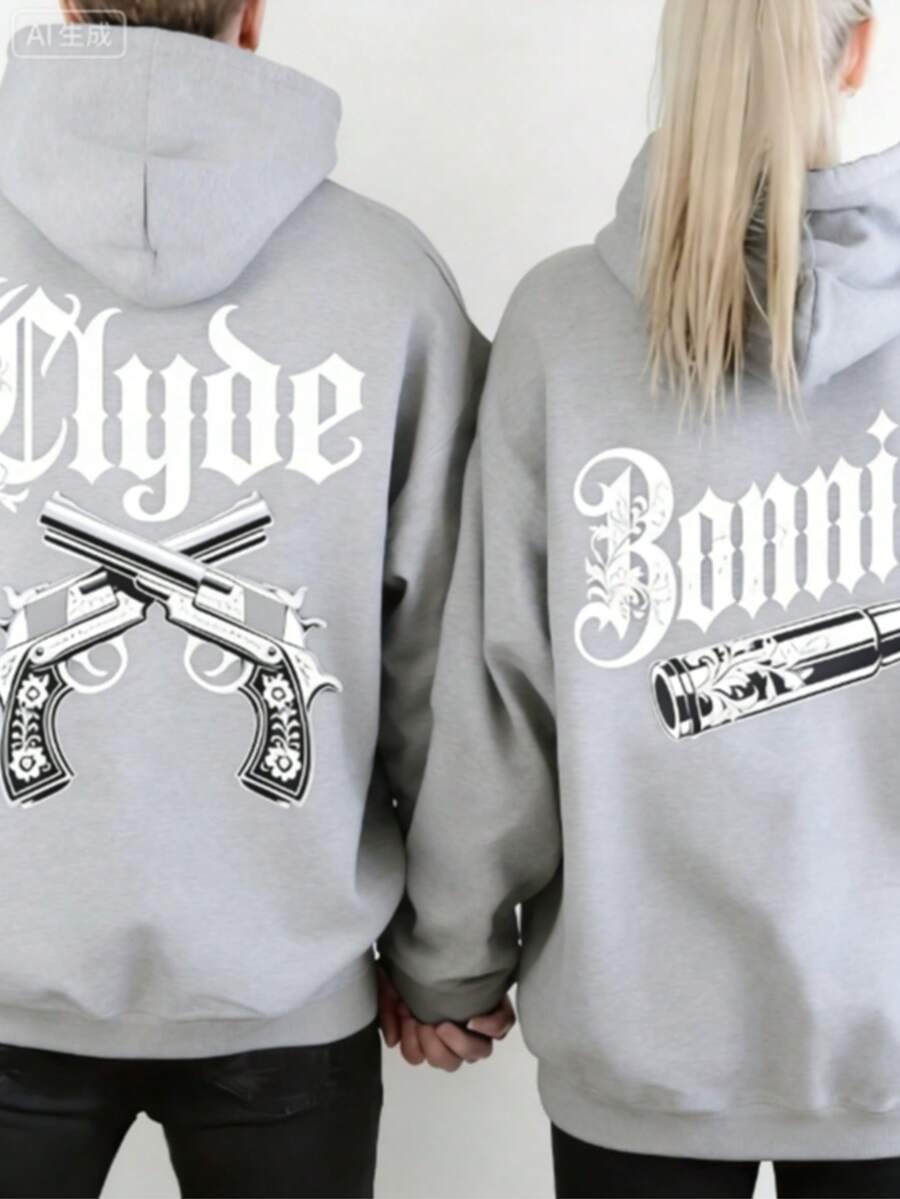 Couple Matching Gothic Bonnie And Clyde Print Hoodie, Unisex 250g Heavyweight Fleece Drawstring Pullover, Valentine's Casual Gift Sweatshirt - 女士款-淺灰色 - 查看 1