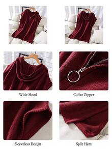 Women's Fashionable Loose Hooded Sleeveless Mid-Length Pullover Spring - Red - View 5