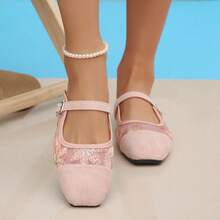 新款中国风拼接刺绣蕾丝单带春夏女式透气网面凉拖 - 粉色 - 查看 2