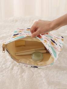 1个便携式卡通海豚和海龟印花化妆包，双面图案拉链化妆袋，多功能旅行洗漱用品收纳包 - 彩色 - 查看 2