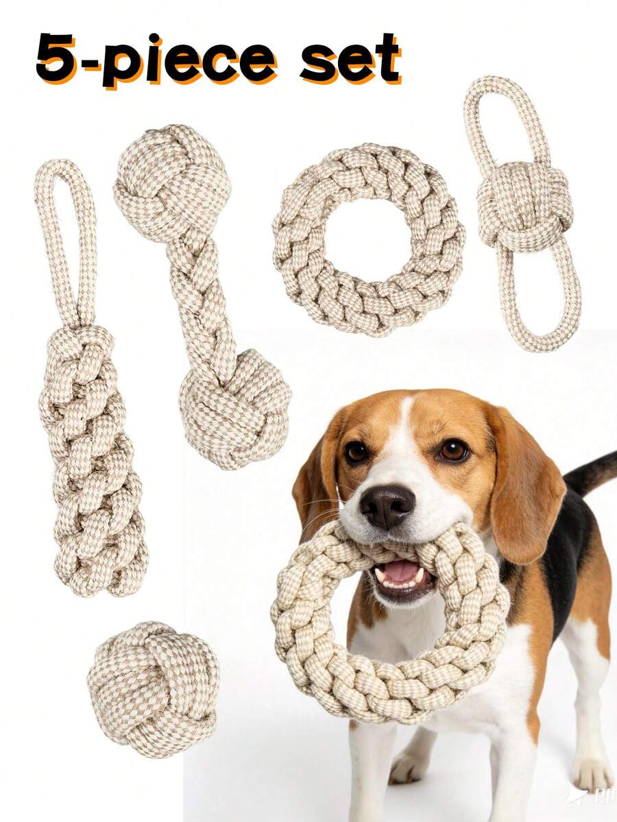 5pcs Dog Handmade Braided Rope Toys Set, Chew Toys For Medium & Small Dogs, Tug Of War, Fetch, Dental Care, Interactive Pet Toys - Multicolor - View 1