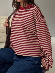女士圆领落肩长袖条纹撞色罗纹休闲T恤 春季 - 玫紅卡其色 - 查看 4