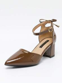 Giày cao gót mũi nhọn bằng da lộn khoét rỗng, đính nơ, đế dày dành cho nữ, đa năng cho mặc hàng ngày, đi làm, công sở, màu đen, cỡ lớn. - Da bóng màu nâu - Xem 5