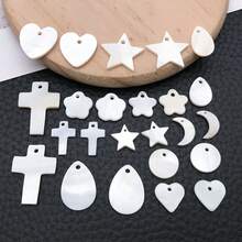 10/24Pcs Mixed Style Shell Charms - Heart Star Cross Moon Pendants For Bracelet & Keychain - White - View 9