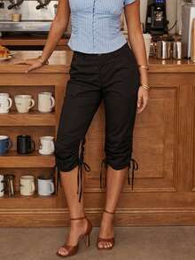 Women's Spring Summer Capri Pants Drawstring Cuff Solid Color Slim Fit Cropped Trousers - màu đen - Xem 4