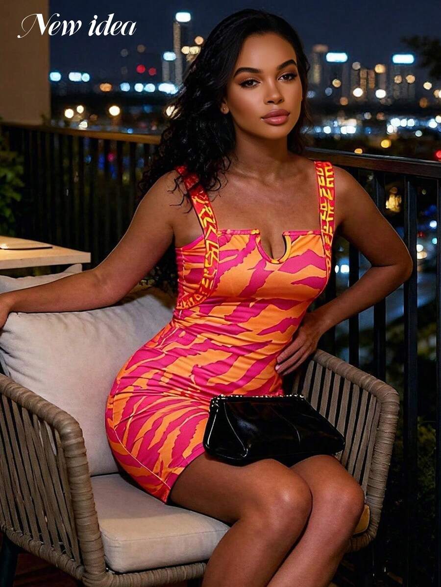 Women's Sexy Orange-Pink Printed Bodycon Dress, Square Neck Spaghetti Strap Design, Suitable For Spring/Summer Party, Wedding, Music Festival - Multicolor - View 1