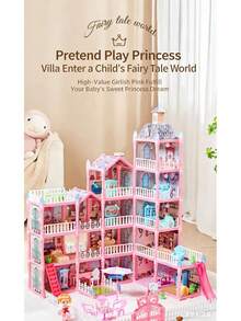 1件套高端DIY组装套装，适合作为儿童礼物、儿童派对玩具、益智手工、公主梦幻娃娃屋 | 四层粉色别墅，含家具和娃娃 | 创意角色扮演玩具，适合学校、儿童，适合生日/儿童节/万圣节/圣诞节，也可作为儿童礼物赠送 - 彩色 - 查看 1