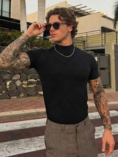 Men's Casual Fashionable Versatile Minimalist Half-Turtleneck Short Sleeve T-Shirt, Summer