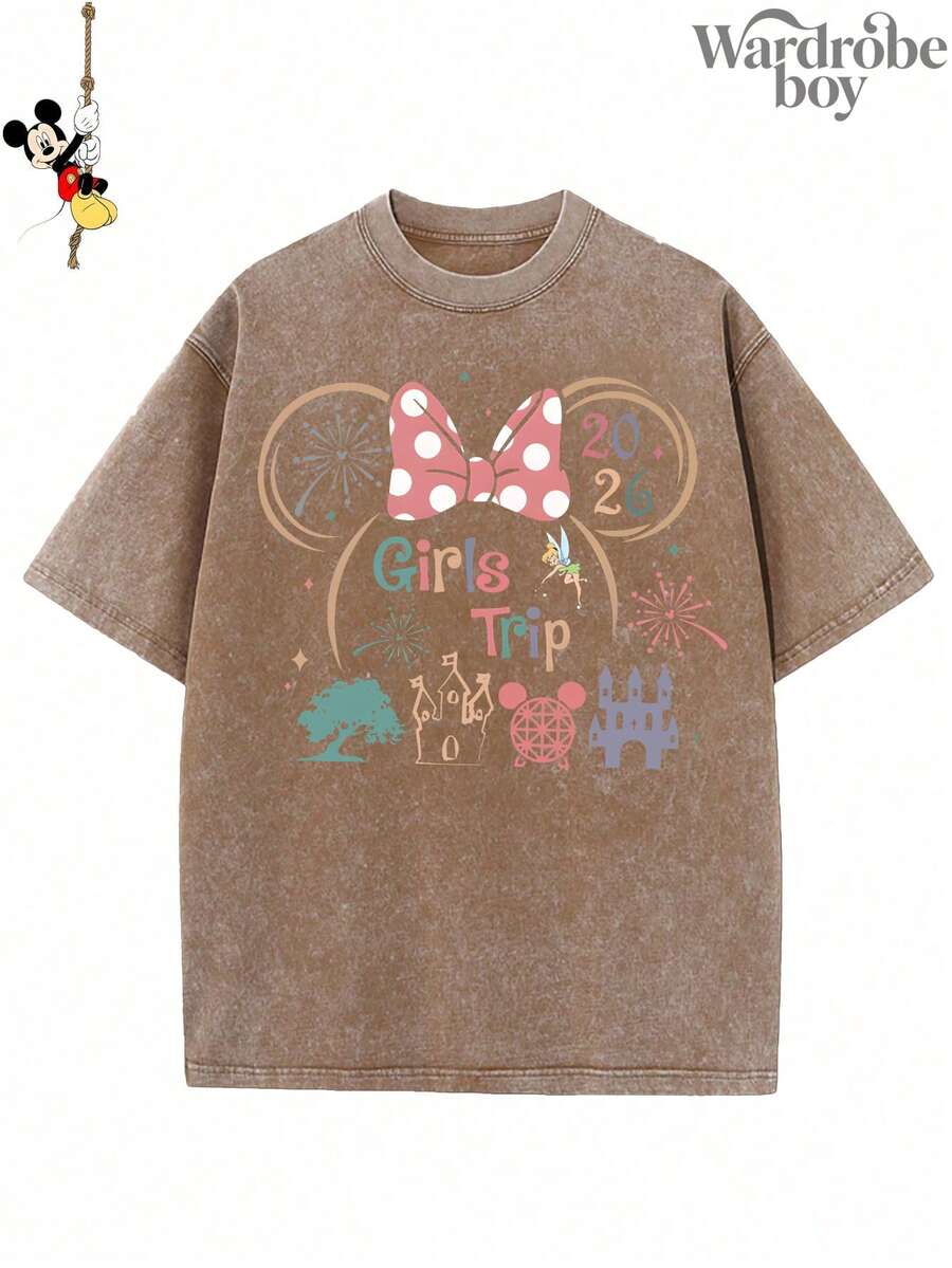 Disney Printed Wash Water T-Shirt,2026 Disney Travel T-Shirt, Minnie Bow T-Shirt,Unisex,High-Quality Pure Cotton T-Shirt,Suitable For All Seasons, Comfortable And Breathable| Exquisite Design | The Best Choice For Giving Gifts - 卡其色 - 查看 1
