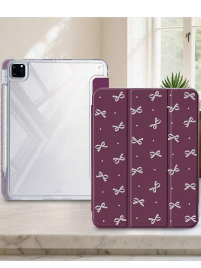1pc Transparent Acrylic Plum Blossom Polka Dot Bow Painted Flat Protective Case With 3-Fold Stand, Built-In Pen Slot, High Transparency Acrylic Back Cover, Anti-Drop, Sleep/Wake Function, Minimalist/Classic/Casual 3-Fold Protective Case Suitable For Mini6/Mini7/Air/Air2/9.7/10.2/10.5/Air4/Air5/10.9/Pro11-In.(M2)-2024// Pro 11-In.(M4)-2024/ Air 11-Inch (M3) 2025/ (A16) 11 Inch 11th Generation 2025 Models. Product Does Not Include Pen, Some Models Come With Lens Frame.