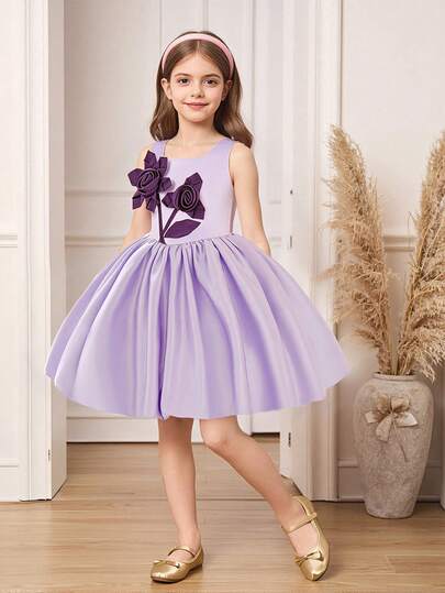 Young Girls' Colorblock Satin Floral Sleeveless Elegant Puffy Party Dress, Suitable For Birthday, Banquet, Excludes Headband