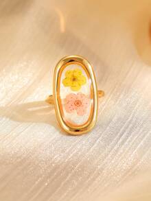 1 pieza Anillo con diseño floral inspirado en la naturaleza, anillo ajustable de acero inoxidable con forma de corazón abierto y planta verde linda - Dorado - Ver 7