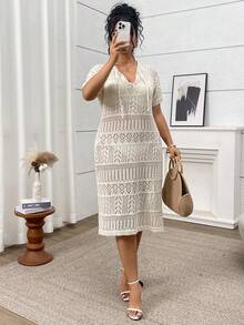 大码女士镂空优雅度假针织连衣裙 - 淡黃色 - 查看 6