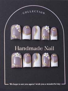 10片/套，欧式手工短款方形美甲贴片，Y2K白色，法式风格，3D立体花卉镶嵌，手绘线条设计，美甲装饰。包含1片果冻胶和1把指甲锉。适合日常佩戴，也适合科切拉音乐节等场合的造型，是美甲贴片和美甲护理的理想之选。 - 白色 - 查看 2