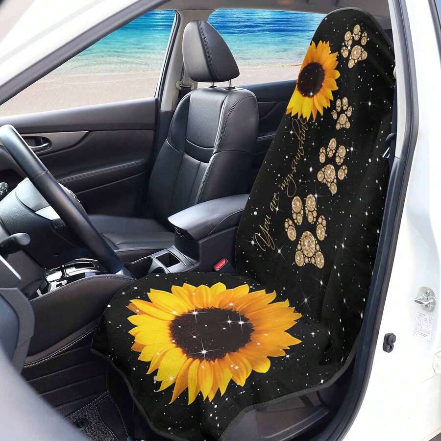 1pc Boho Sunflower & Gold Paw Car Seat Cover, Anti-Scratch & Sweat-Proof, "You Are My Sunshine" Quote, Soft Apron Style Protector For Dog Mom, Universal Fit Easy To Clean - 彩色 - 查看 1