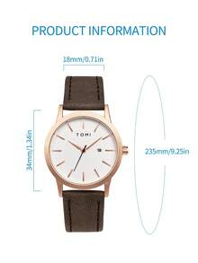 TOMI 1pc Dry Battery Powered Vintage Minimalist Compact Calendar Dial Leather Strap Watch, Suitable For Young Students - Brown - View 5
