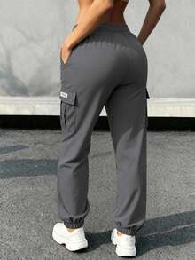 Women's Drawstring Waist Cargo Pants, Lightweight Breathable, Large Pockets Design, Versatile Casual Wear For Daily Occasions - Grey - View 3