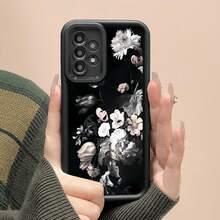 Flores, fondo negro, rosa y blanco. Fundas compatibles con , Apple, VIVO, OPPO, , Transsion, ,  y Honor. Fabricadas en silicona TPU, ofrecen protección contra golpes y caídas. - Negro - Ver 5