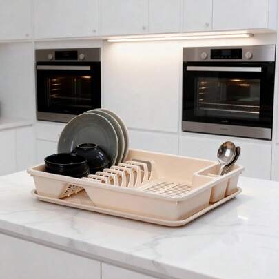 Escorredor de louça de plástico para cozinha / AB Tamanho Duplo com Bandeja Coletora / Organizador de Talheres / Cor Aleatória / Cor Aleatória