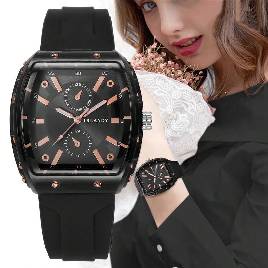 1件装女士硅胶表带时尚休闲双眼数字刻度石英腕表，简约风格 - 黑色 - 查看 1