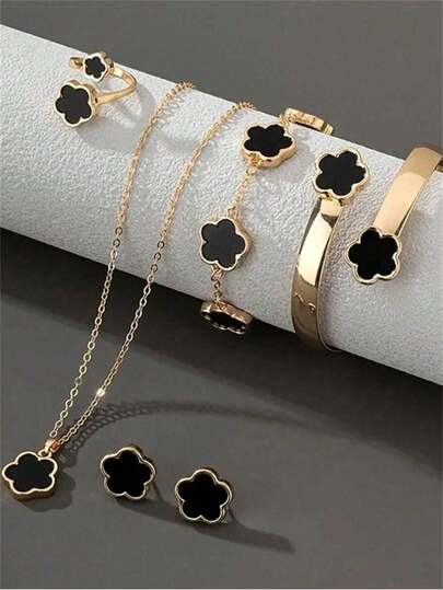 6 pièces/Set Ensemble de bijoux fashion pour femmes - Conception fleur porte-bonheur trèfle, comprend collier, bracelet, jonc, bague, boucles d'oreilles