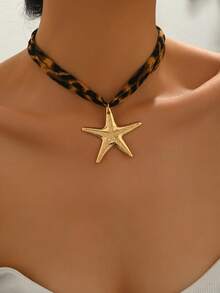 1pc Bohemian Leopard Print Rope With Chunky Starfish Necklace For Women Beach Choker Neck Jewelry Gift - Multicolor - View 1