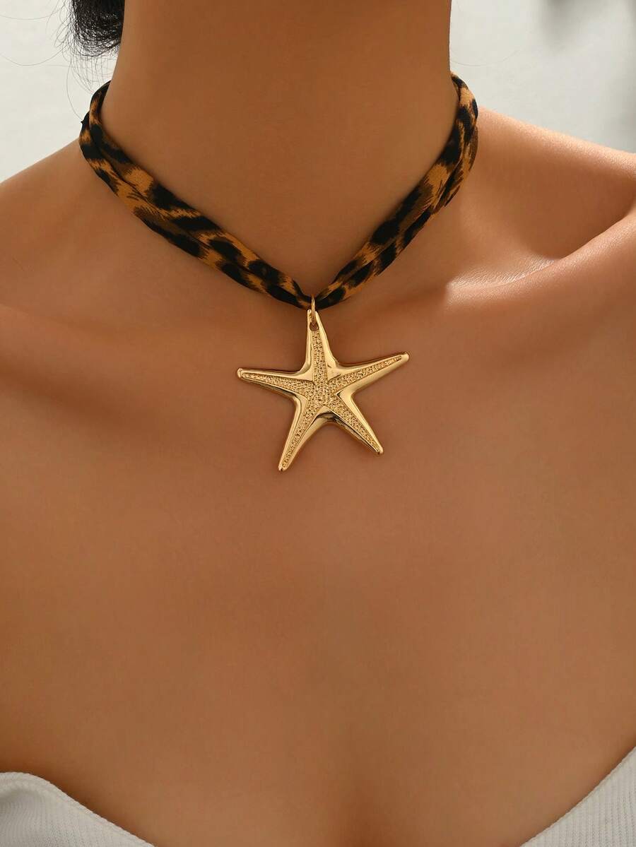 1pc Bohemian Leopard Print Rope With Chunky Starfish Necklace For Women Beach Choker Neck Jewelry Gift - Multicolor - View 1