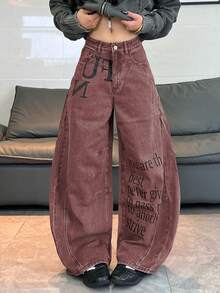 1pc Japanese Street Style Women's Patchwork Printed Curved Leg Loose Wide Leg Jeans Comfortable All Season Long Pants (This Product Does Not Include Belt/Accessories) - Red - View 8