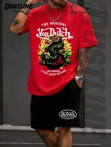 Men's Creative T-Shirt & Shorts Set American Vintage Full Print Street Wear Essential Graphic Tee With Dragon Floral & Logo For Casual Outfits - Đỏ - Xem 2