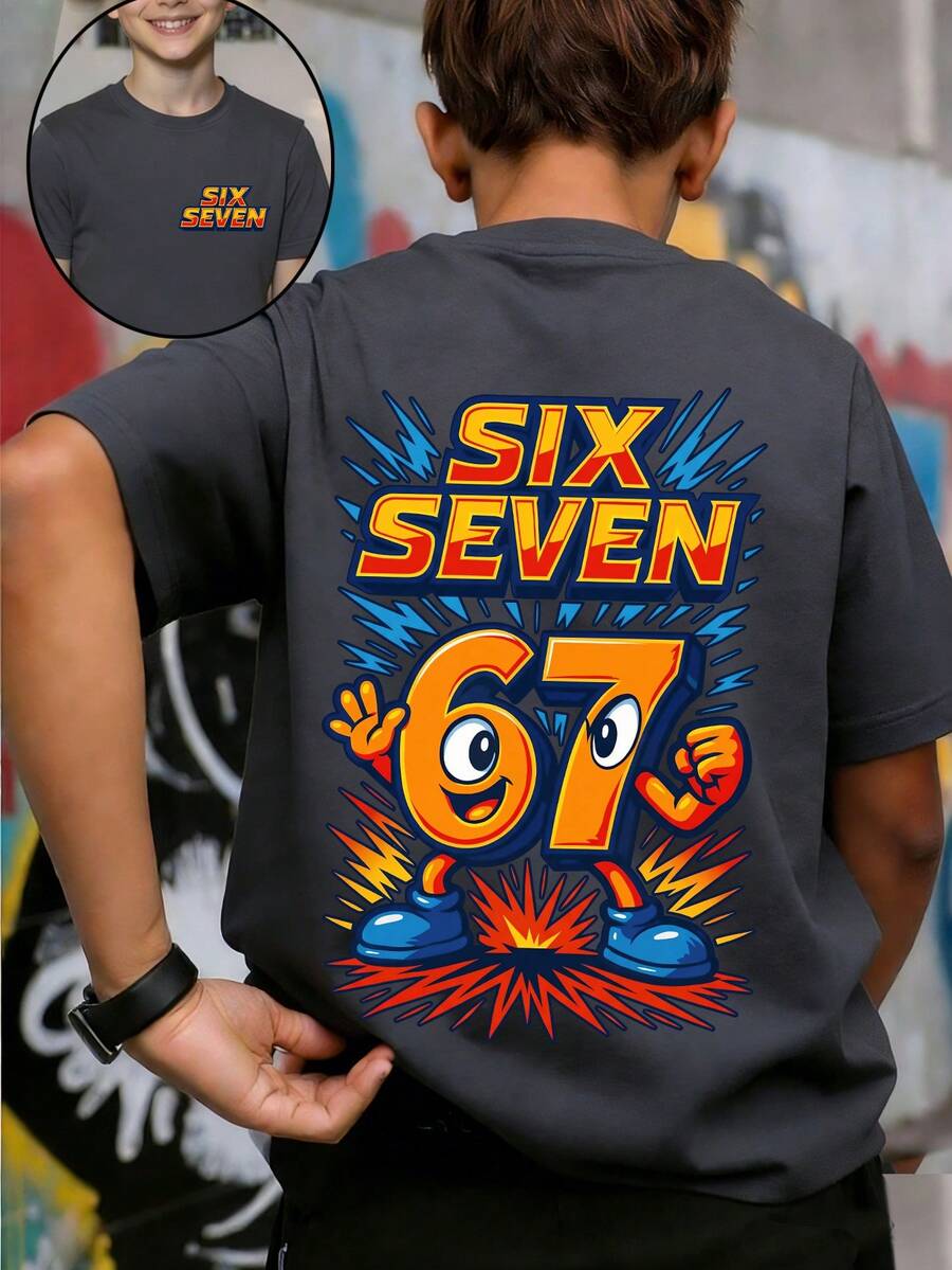 Tween Boy "Six Seven" 67 Cartoon Graphic Print T-Shirt, Suitable For Boys Street, Campus, Event, Daily Wear, Fashionable Summer Top - Dark Grey - View 1