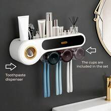 Smart Toothbrush Sterilizer (1 Unit) - USB Charging + Clock - 5-Slot Storage Brush Holder - Includes 2 Cups + Automatic Toothpaste Dispenser - Modern Bathroom Plastic Storage Rack For Dental Hygiene Essentials - Black - View 2