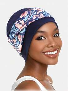 1件装女士波西米亚风印花交叉头巾帽，平顶针织帽，适合日常佩戴和睡眠帽 - 彩色 - 查看 3