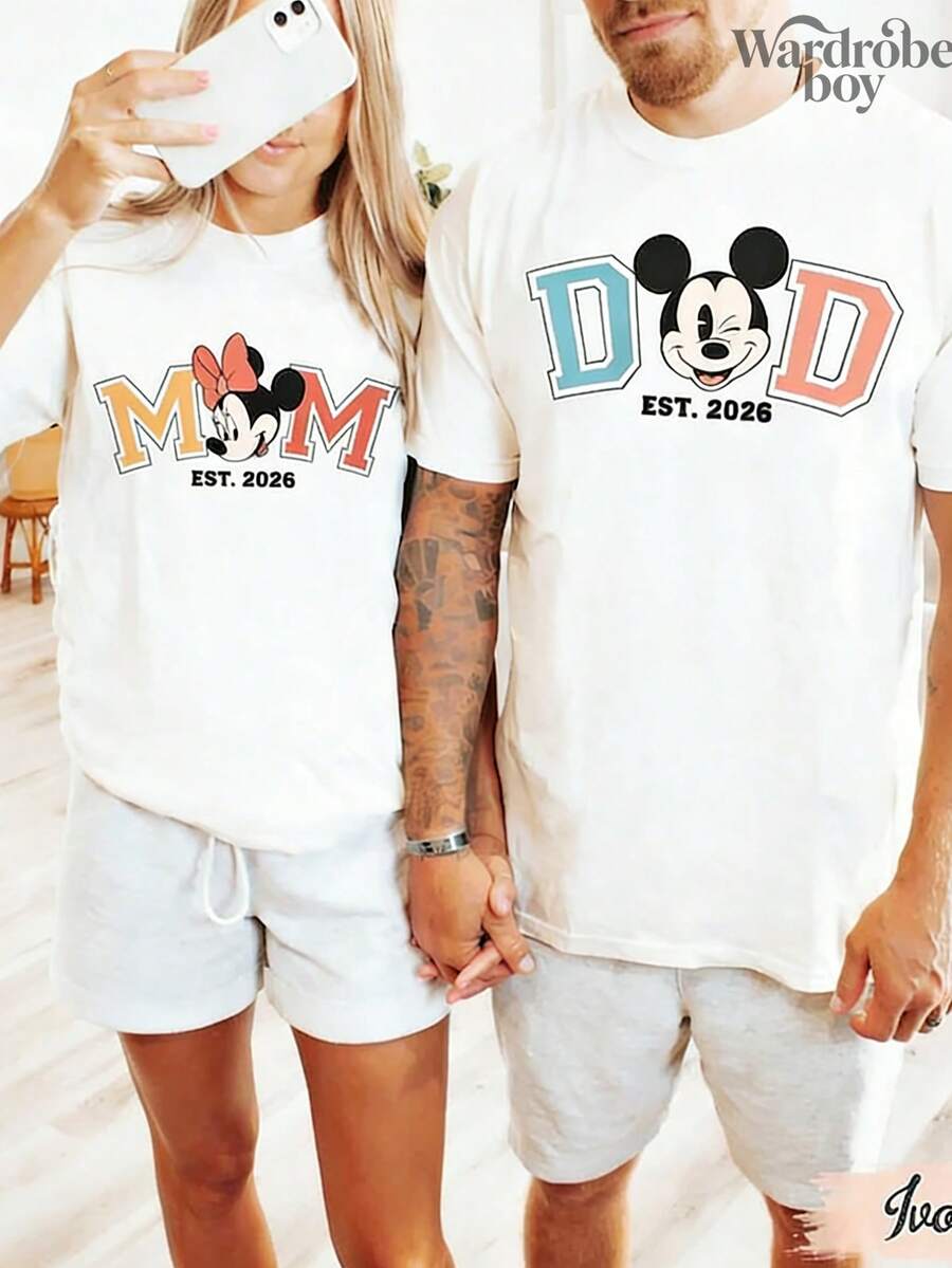 1PC Disney Printed T-Shirt,Disney Mickey And Minnie Couple Outfits T-Shirt,Father's Day And Mother's Day T-Shirt, High-Quality Pure Cotton T-Shirt,Suitable For All Seasons, Comfortable And Breathable| Exquisite Design | The Best Choice For Giving Gifts - 白人 - 查看 1