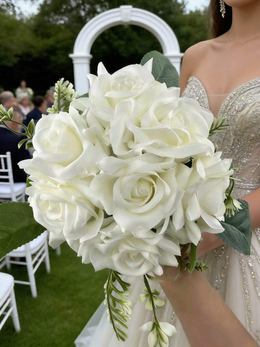 1 Bouquet Handmade Mini Artificial White Rose Flowers, Suitable For Bridesmaids, Weddings, Photography, Party & Festival Decor, Valentine's Day,Summer,Beach - Multicolor - View 1