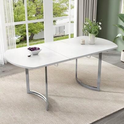 Extendable Dining Table 140/180 X 80 Cm, Extendable Length Up To 180 Cm, Silver Metal Legs, Modern Style, High-Strength Alloy Frame, Suitable For 4 To 6 People, White And Silver Table Legs