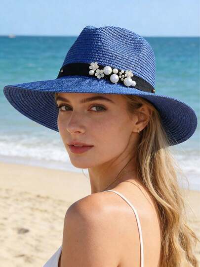 女士复古时尚草编装饰发箍，仿珍珠花朵串珠弹力发箍，配金属铆钉，可调节防滑帽饰，适用于毡帽、巴拿马帽、沙滩帽，适合日常穿搭、派对、婚礼、节日和送礼。