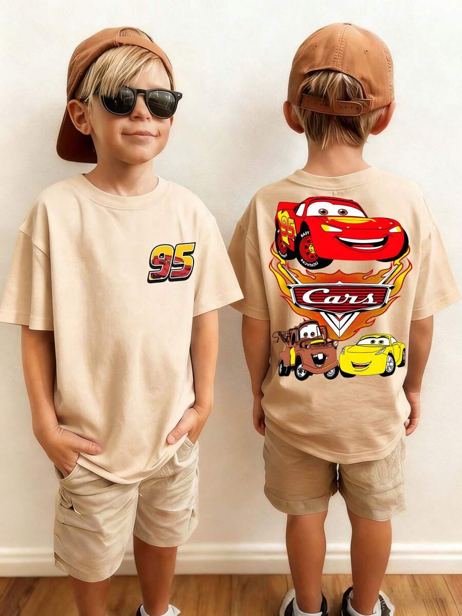 Disney Black Background Cars Lightning McQueen And Friends Flame Print Front And Back Design Kids' Short Sleeve T-Shirt - Playful And Cool Racing Style Top - Màu be - Xem 1