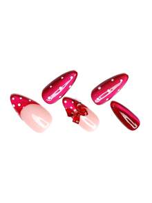 10片/套 手工短款杏仁形亮面猫眼按压式美甲贴片，闪亮猫眼假指甲，配3D蝴蝶结和波点装饰设计，法式美甲，适合女性参加节日、休闲、日常生活等场合。 - 彩色 - 查看 3