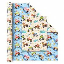 5/10张怪兽卡车礼品包装纸，28.5*42厘米，婴儿派对包装纸，怪兽卡车包装纸，蓝色男孩包装纸，儿童生日派对装饰用品，婴儿派对礼品包装纸，双面可用 - 彩色 - 查看 2