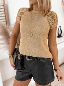 Blusa de punto de manga corta raglán de unicolor para mujer, casual para primavera/verano - Caqui - Ver 2