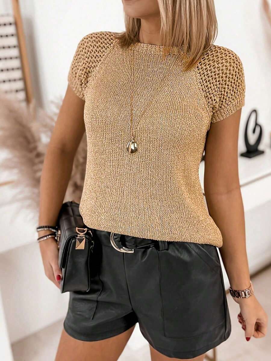 Blusa de punto de manga corta raglán de unicolor para mujer, casual para primavera/verano