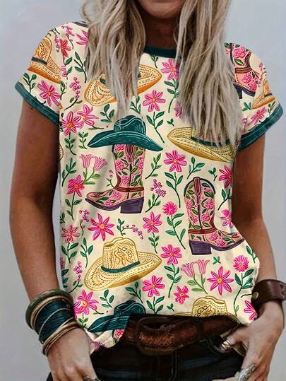 Westlicher Cowboy, Country Music Festival Grafik Muster Damen Lässig Rundhals Kurzarm T-Shirt, Sommer Urlaub Strandoutfit