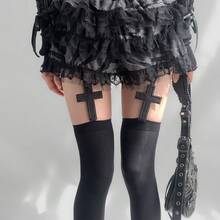 1双3D交叉吊带过膝袜，洛丽塔天鹅绒纯黑白长筒袜，哥特式交叉过膝袜，朋克透明水钻装饰长筒袜，适合角色扮演和另类时尚 - 彩色 - 查看 6