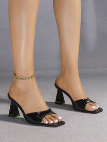 Women's Black Square Toe Slip-On Elegant Wedding Party Sexy Personalized Casual Street Fashion Asymmetric High Heel Sandals - Black - View 3