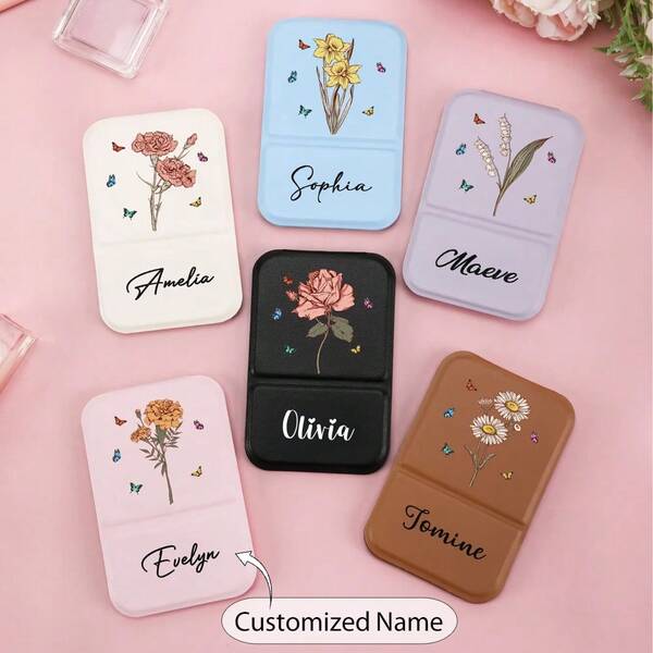 Personalized Birthday Flower & Butterfly PU Leather Makeup Mirror With Name, Foldable Travel Essential, Birthday Anniversary Gift For Her