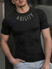 Men's Lightweight Sports T-Shirt, Quick-Dry Short Sleeve Casual Outdoor Training Tee With Printed Design, Suitable For Summer - Black - View 4