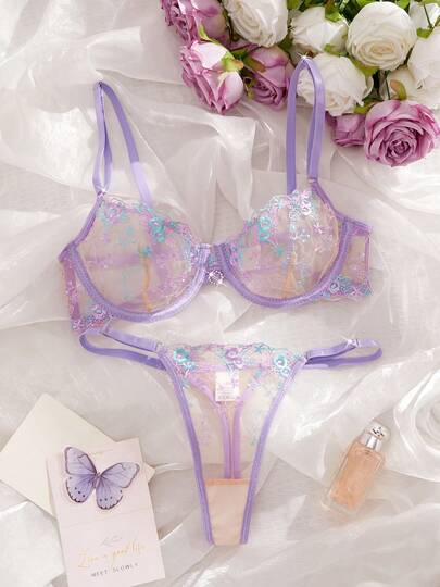 Purple Embroidered Floral Lingerie Set, Sexy Thin Underwear For Women