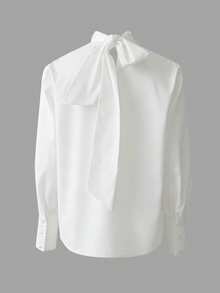 Women's Elegant Pearl Decor Lantern Sleeve Blouse, Fashionable Loose Tie Waist Design, Suitable For Party, Office Wear - White - View 4